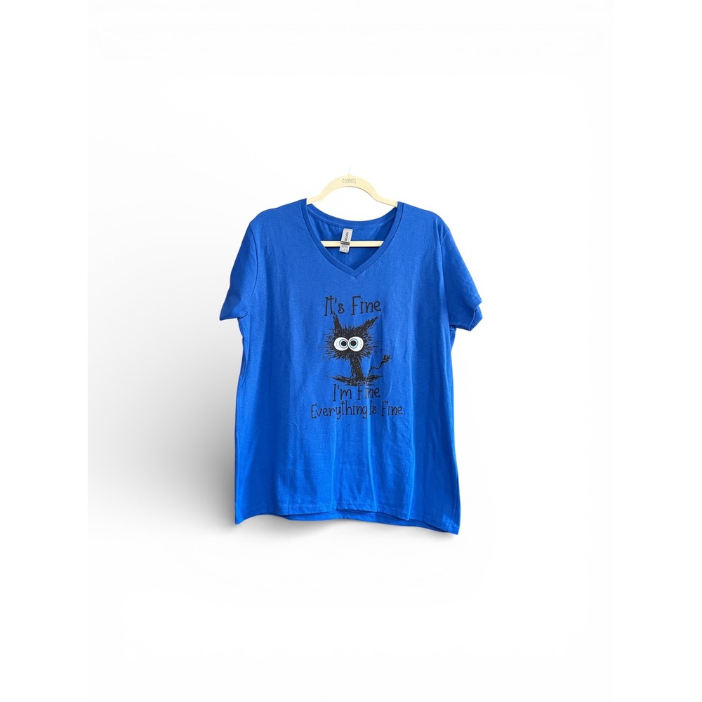 Gildan Womens XL Royal Blue Its Fine Im Fine Everything‎ Is Fine Cat V-Neck Tee